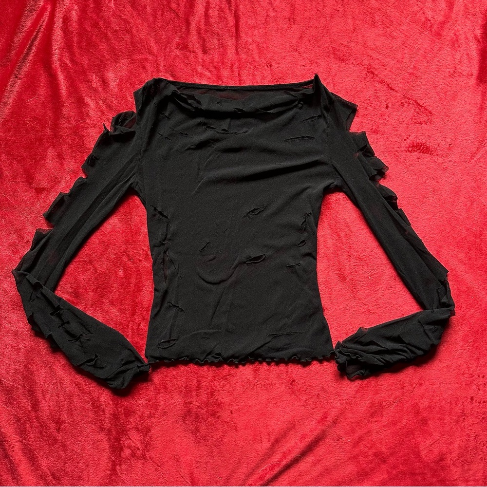 Goth Distressed Mesh Forever Layer Cut Out Layering Fishnet Style Black Top